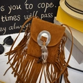Brown bohemian suede crossbody bag with long tassels and silver feather pendant - Brown