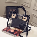 Transparent PVC jelly handbag with black trim and gold clasp on a white table - Black