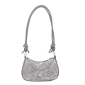 Silver-gray shoulder bag with geometric prints, metal chain charms, and knotted rope strap - Silver