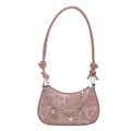 Pink semi-circle PU shoulder bag with letter prints and decorative heart charms - Pink