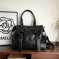 Retro black faux leather tote bag with decorative straps and adjustable shoulder strap - Black
