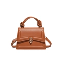 Brown leather crossbody bag with geometric stitching and gold oval clasp closure - Brown