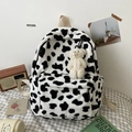 Mochila de peluche con estampado de vaca en blanco y negro y un lindo oso blanco - Estampado de Vaca Con Colgante de Oso Tímido