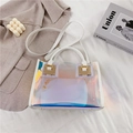 Holographic transparent tote bag with white leather trim and adjustable shoulder strap - White