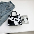 Vintage style cow print plush tote bag with large capacity and soft faux fur texture - Cow Pattern Black