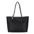 Borsa tote nera minimalista in ecopelle con logo FASHION goffrato e fibbie argento - Nero