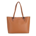 Borsa tote minimalista marrone caramello in pelle PU opaca con logo FASHION in rilievo - Marrone