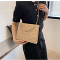 Detail of beige quilted PU leather handbag with elegant gold chain strap and handles - Khaki