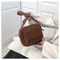 Minimalist dark brown teddy faux fur crossbody bag with adjustable wide fabric strap - Brown
