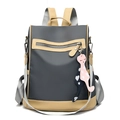 Zaino da donna in nylon impermeabile bicolore con ciondolo decorativo a forma di gatto - grigio scuro