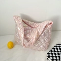 Pink quilted hobo shoulder bag with pearl luster finish and large capacity design - Pink