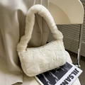 Mini cream faux fur plush shoulder bag with integrated soft fuzzy strap for women - White