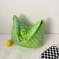 Chic laser lime green quilted tote bag with metallic finish and spacious rhombic design - Green