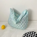 Quilted light blue holographic tote bag with metallic sheen and large capacity - Light Blue