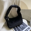 Minimalist black faux fur underarm bag with fluffy crescent shape and metal zipper - Black