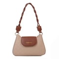 Damen Umhängetasche in Beige mit Karomuster braunem Webgriff und goldener Hardware - Khaki