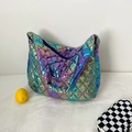 Holographic purple and green quilted tote bag with large capacity and metallic finish - Colorful