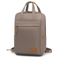 Waterproof khaki Oxford laptop backpack with brown leather trim on white background - Khaki