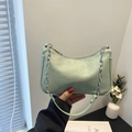 Minimalist mint green underarm baguette bag with silver chain and faux leather strap - Green