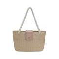 Sac cabas en paille avec motif à chevrons beige et poignées en coton blanc - Kaki
