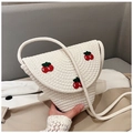White woven crossbody bag featuring three red cherry embroidery details with cotton strap - White (Cherry Embroidery)