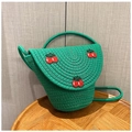 Green woven straw bag with cherry embroidery and top handle for casual beach wear - Green (Cherry Embroidery)