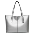 Metallic silver faux leather tote bag with a spacious trapezoid design for daily commuting - Silver