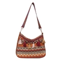 Bohemian knit shoulder bag with colorful tassels and ethnic geometric patterns - Yellow