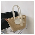 Borsa tote in tessuto beige minimalista con fiocco in pizzo bianco e doppi manici - Cachi