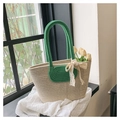 Handwoven straw tote bag in cream with lime green handles and delicate white lace bow - Green With Silk Scarf