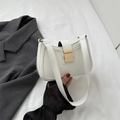 Minimalist white leather handbag with golden square lock and adjustable shoulder strap - White