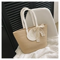 Handmade woven tote bag in beige with white handles and a delicate lace bow accent - Off-white With Scarf