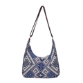 Ethnic bohemian half-moon crossbody bag with blue geometric patterns and strap - Blue