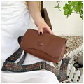 Brown vintage small square crossbody bag with ethnic style colorful wide woven strap - Brown
