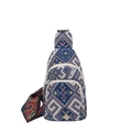 Ethno-Crossbody-Brusttasche aus gewebtem Stoff mit geometrischem Muster und breitem Gurt - Blau
