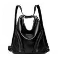 Zaino da donna in pelle PU nera con borchie argentate e design con cerniere multiple - Nero