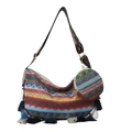 Grande borsa tote etnica con motivi geometrici colorati e dettagli di nappe blu - Blu