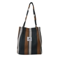 Borsa tote in tela a righe verticali nero marrone e crema con etichetta Funstland - Blu