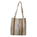 Borsa tote in tela a righe beige e marroni con patch di piuma e manici robusti - Bianco & Cachi