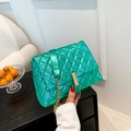 Bright green quilted chain shoulder bag with metallic finish and gold lock closure - Green