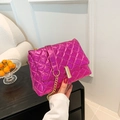 Metallic magenta quilted crossbody bag with golden chain strap and fold-over flap - Rose Red