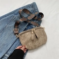 Khaki suede half-moon crossbody bag with vintage ethnic pattern strap and gold hardware - Khaki