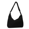 Bolso tote de pana negra en forma de media luna con rayas verticales y cremallera plateada - Negro