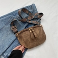 Vintage brown crossbody bag with colorful bohemian woven strap and dual zippers - Brown