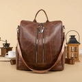 Mochila antirrobo de cuero PU marrón oscuro vintage con costuras geométricas y correa - Marrón Oscuro