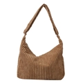 Brown corduroy hobo tote bag with adjustable shoulder strap and metal zipper closure - Khaki