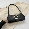 Minimalist black PU leather underarm bag with a glossy finish and large gold buckle - Black