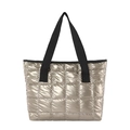 Large capacity silver quilted tote bag with black strap handles and metallic finish - Champagne