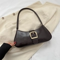 Retro dark brown crescent shoulder bag with a gold metal buckle and leather texture - Brown
