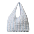 Blue and white striped bubble texture hobo tote bag with pleated fabric and wide strap - Blue
